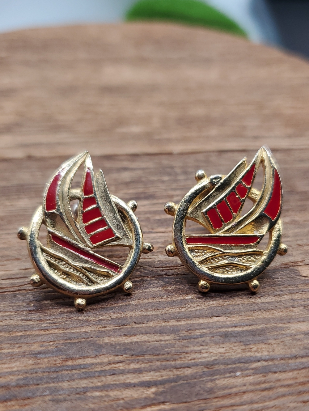 Gold-Tone Red Enamel Sail Motif Stud Earrings - Women Jewelry E1037